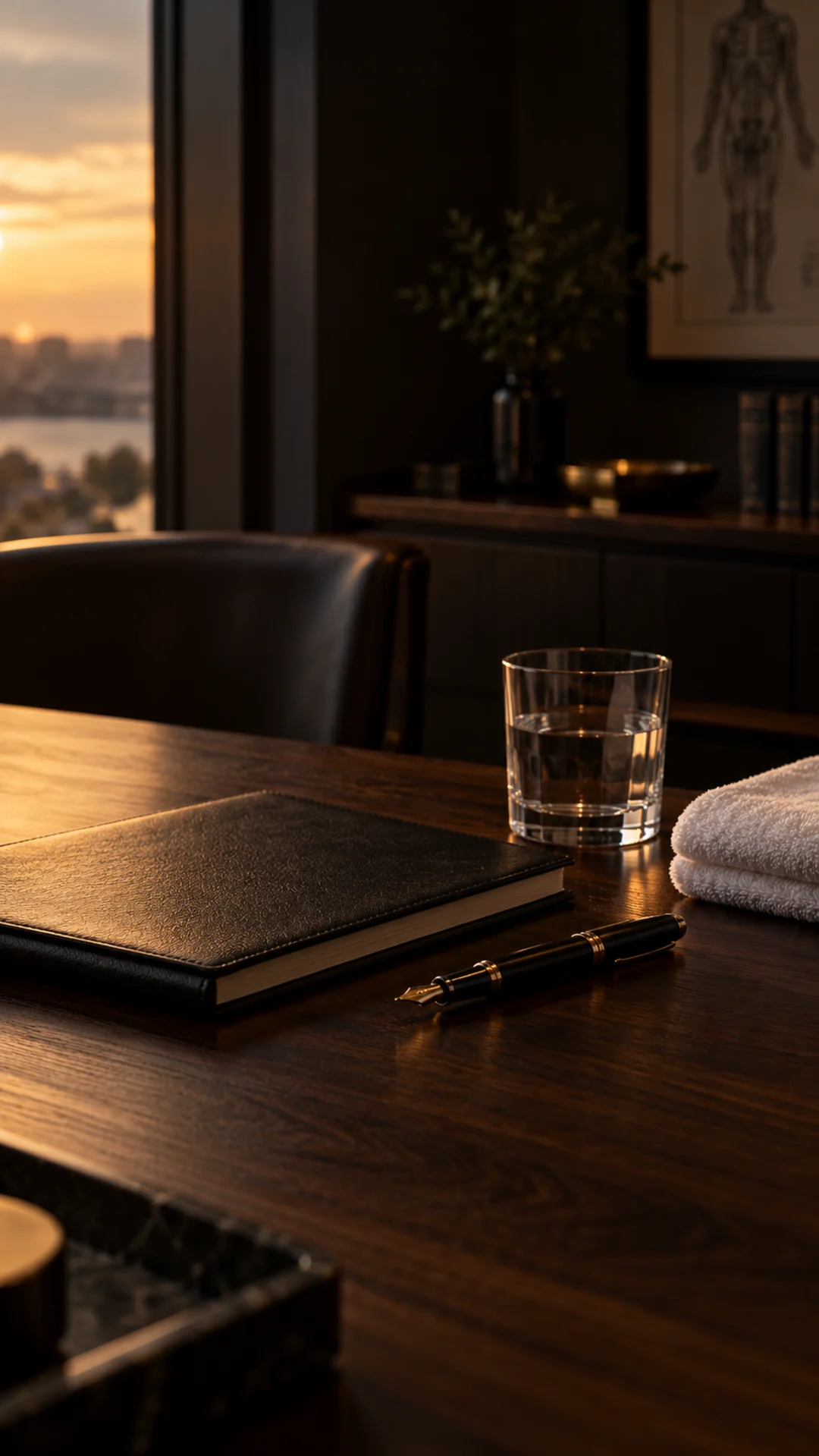 Mesa de despacho de madera oscura con una libreta, una pluma estilográfica, un vaso de agua y una toalla, al atardecer.