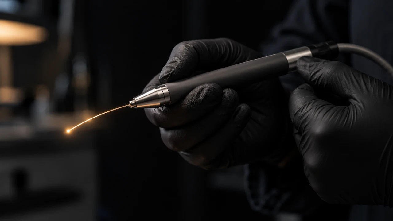 Manos con guantes negros sujetando la pieza de mano, de cuya punta sale la fibra óptica con un destello ámbar.